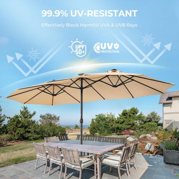 69cf63bbedb64f5b98d664248c924bc2 Double Sided Patio Umbrellas - 15ft Solar Lights LED Lighted Outdoor Extra Large Market Table Umbrella with Base Included, Oversized Umbrella for Deck, Pool, Backyard (Beige)