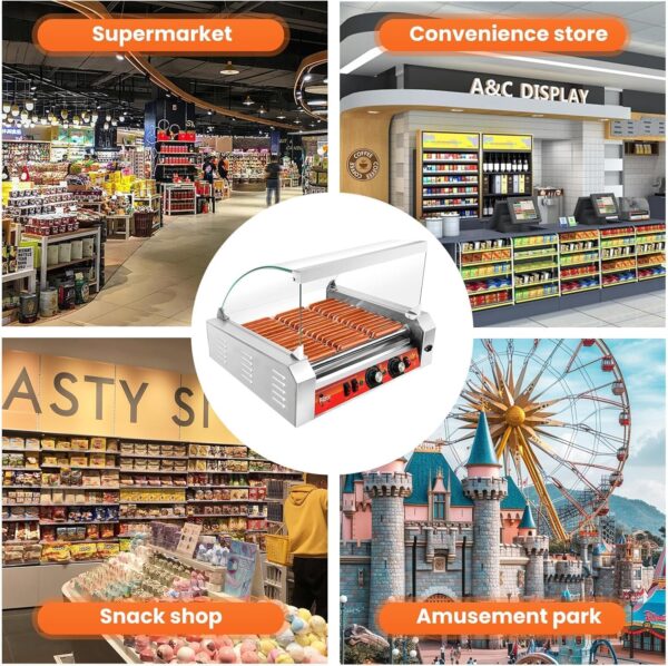 69debe8ddabe46de97404b68b491e781 1670W Commercial Hot Dog Rollers,11 Rollers 30 Hotdog Roller Grill,Stainless Steel Hot Dog Machine With Dust Cover,Hot Dog Roller Machine With Dual Temp Control And Led Light/Detachable Drip Tray