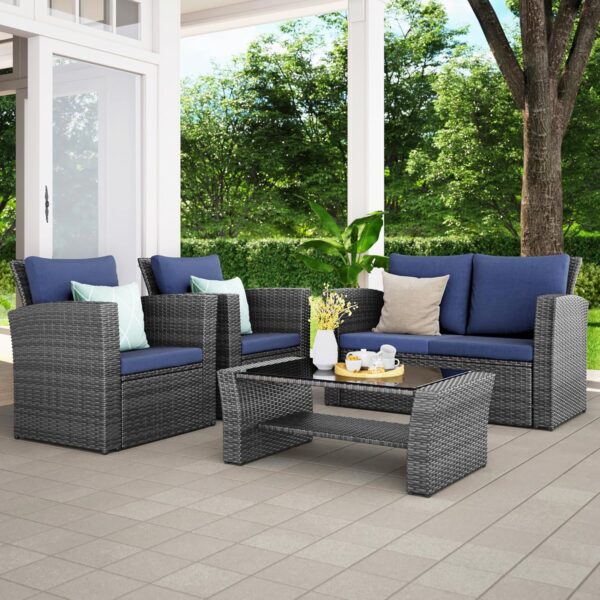 69f023996cb149eca4d0907ab4d1a461 Wisteria Lane 4 Piece Outdoor Patio Furniture Sets, Wicker Conversation Set for Porch Deck, Grey Rattan Sofa Chair with Cushion (Blue