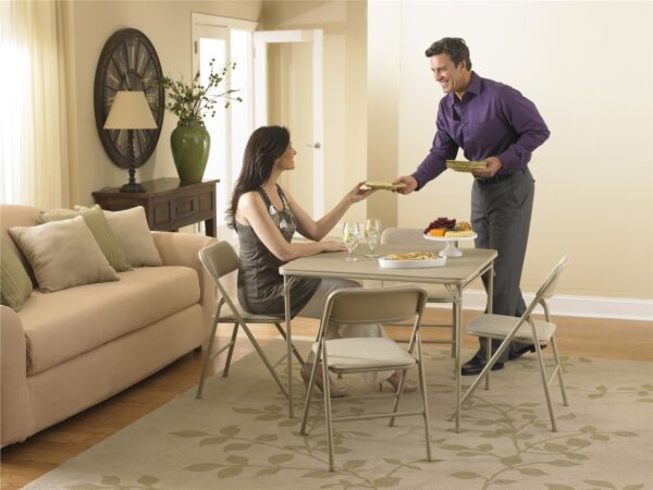 6a270eac9e9040f282834eaf918a71ea COSCO 5-Piece Folding Dining Set with Card Table and 4 Fabric Padded Chairs, Tan