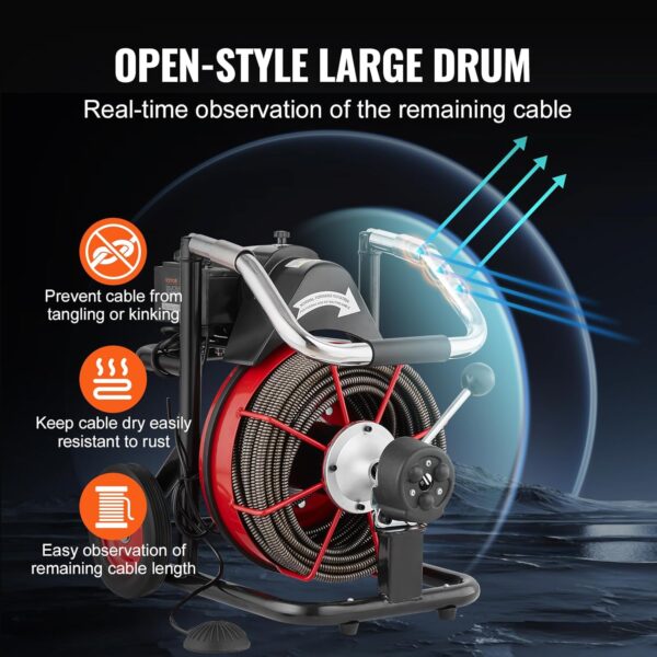 6a7e0e66052544fa8d67f3b861a70e73 VEVOR Drain Cleaner Machine 100FT x 1/2 Inch, Auto Feed Sewer Snake Auger on Wheels, 550W Portable Drain Cleaning Machine with 8 Cutters & Air-activated Foot Switch for 2" to 4" Pipes