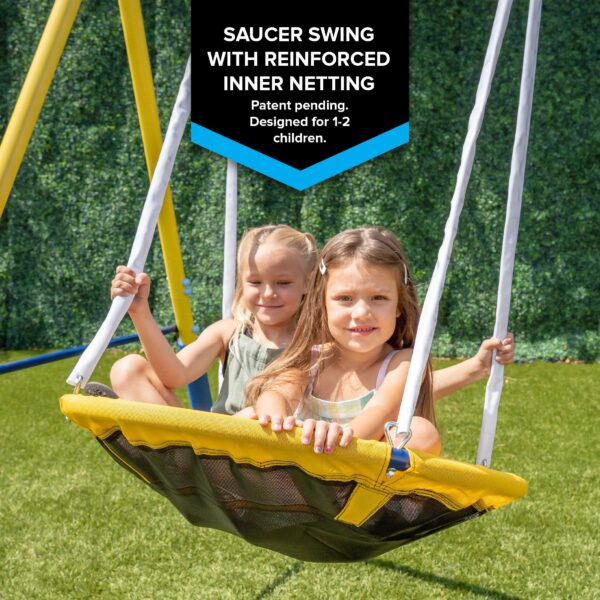 Sportspower Super Star Metal Swing Set with Saucer Swing, Glider Swing, Lifetime Warranty on Blow Molded Slide, and Bonus Anchor Kit