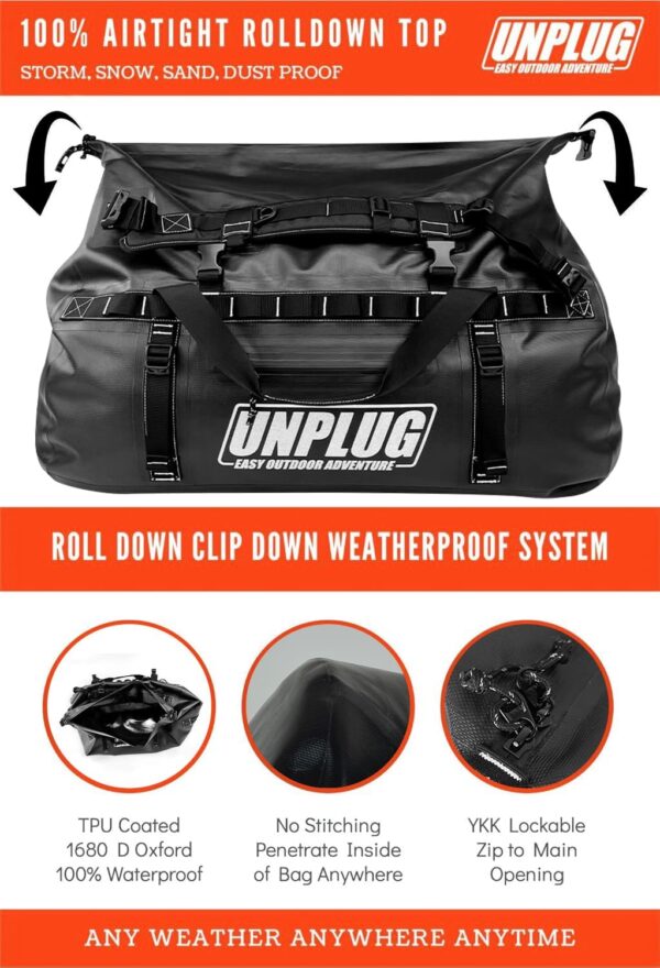 6c465c1ba8ba4d35a54fe9cd610cf68c UNPLUG Ultimate Adventure Bag -1680D Heavy Duty Waterproof Travel Duffel Bags for Camping, Motorcycle Dry Bag, Waterproof Bags for Boating, Waterproof Duffle Backpack,Tactical Duffle Bag