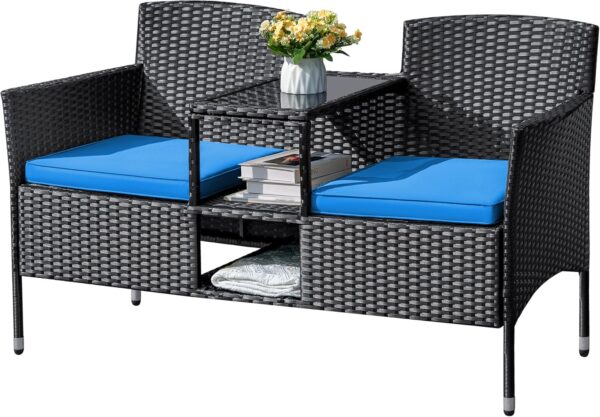 6c7edcf325d84a0ab80c270e55c2ba82 Outdoor Furniture Patio Loveseat Wicker 2-Seat with Built-in Table and Cushions Rattan Porch Chairs Bench for Balcony, Lawn, Backyard (Beige)