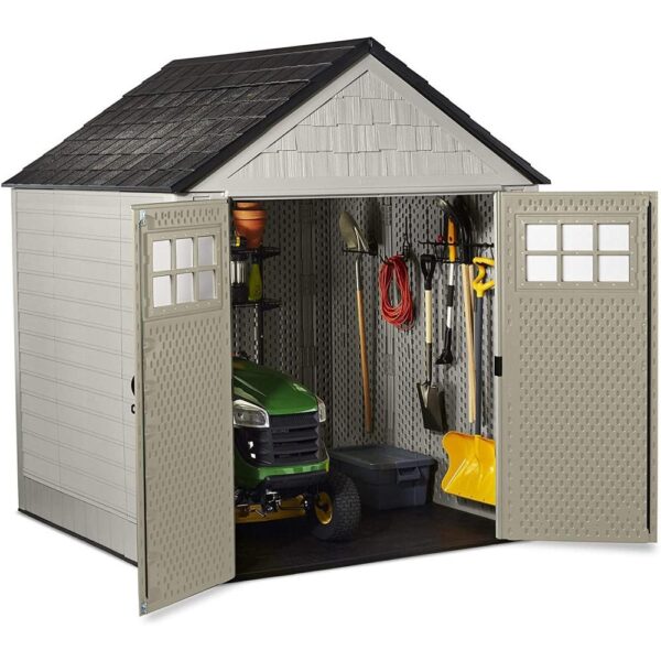 6cdc2c741ab044e6b5132f409f84dd86 Rubbermaid 7×7 Ft Durable Weather Resistant Resin Outdoor Garden Storage Shed with Windows and Utility Hooks, Sand