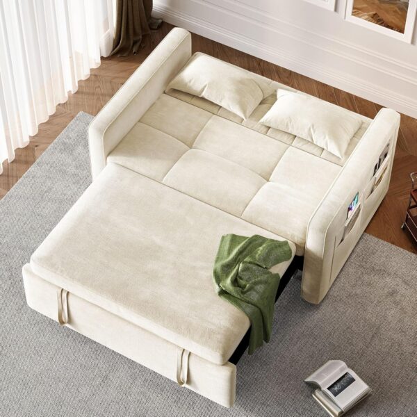 6d4d982f0024495d95a841eacef9705d 3-in-1 Convertible Sofa Bed, 55" Sleeper Sofa with Pull-Out Bed, Cat-Scratch-Proof Fabric Futon Couch with Adjustable Backrest and Side Pocket, Loveseat for Living Room Apartment, Grey