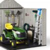 Rubbermaid 7×7 Ft Durable Weather Resistant Resin Outdoor Garden Storage Shed with Windows and Utility Hooks, Sand