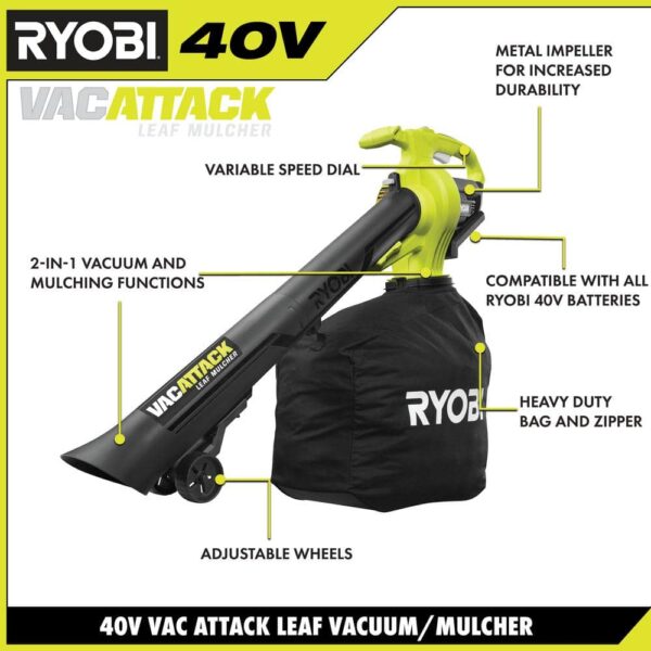 40V Vac Attack Cordless Leaf Vacuum/Mulcher with 5.0 Ah Battery and Charger RY40451
