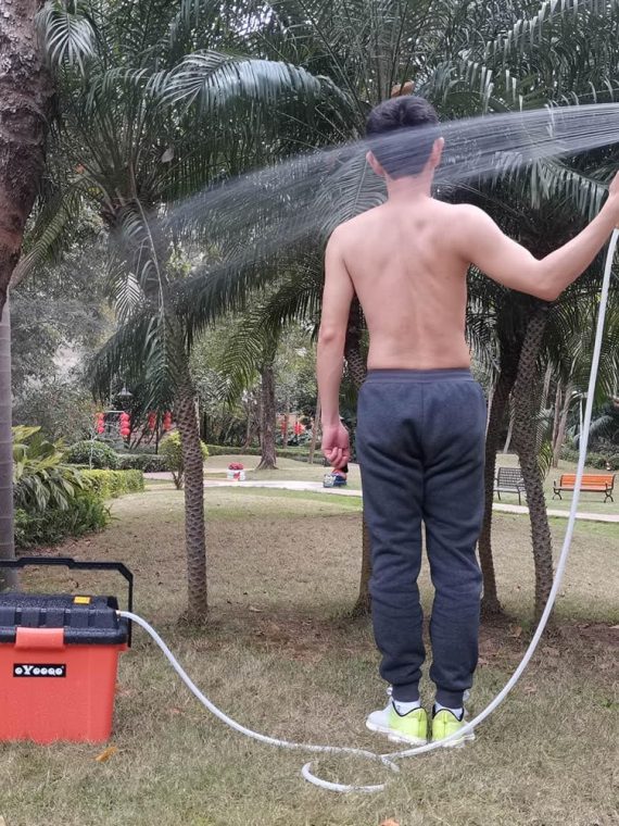 6ec5518cdba340009932750a4cbb807e Portable Outdoor Shower System, 6.6-Gallon, High Pressure, Battery Powered, 12000mAh, with Pump & Garden Hose Nozzles, Ideal for Camping