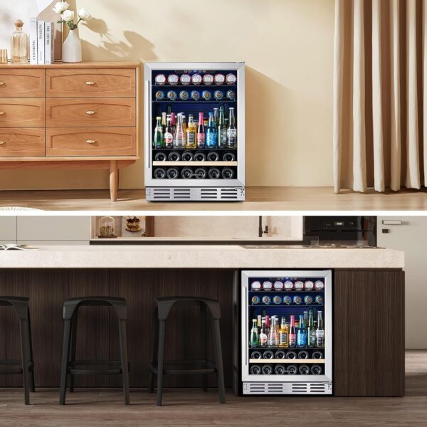 6ed3d9cebb5e4c96aaa3563adb96568b 24 inch Wine Cooler, 46 Bottle - Dual Zone Built-in or Freestanding Fridge with Stainless Steel Reversible Glass Door, for Home, Kitchen, or Office.