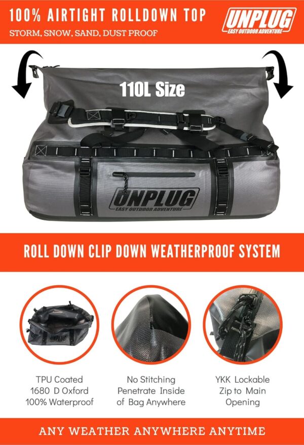 6ee5c8eeb1934ff1b82007cd8c9fee31 UNPLUG Ultimate Adventure Bag -1680D Heavy Duty Waterproof Travel Duffel Bags for Camping, Motorcycle Dry Bag, Waterproof Bags for Boating, Waterproof Duffle Backpack,Tactical Duffle Bag