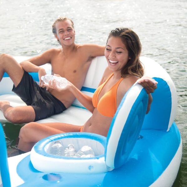 6f512e7c18f5465ab59a48e3782d0f96 56299EP 145 x 125 x 20 Inch Splash N Chill Inflatable Lake and Pool Relaxation Island Lounger Seat for up to 7 Adults, Blue and White