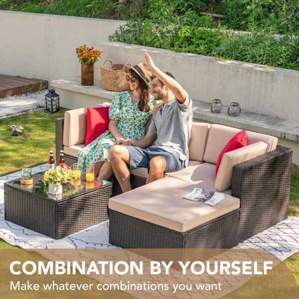 6fb44f825ca344bead06ea18df3ed478 5 Pieces Patio Furniture Sets All Weather Outdoor Sectional Patio Sofa Manual Weaving Wicker Rattan Patio Seating Sofas with Cushion and Glass Table(Beige)