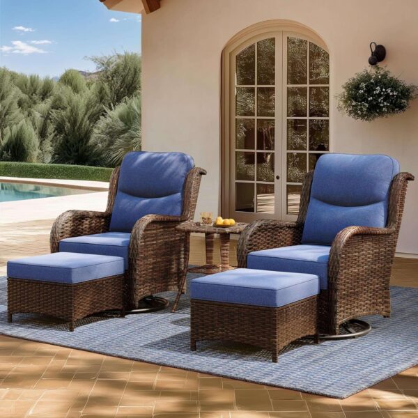 6fe07a8d42a0413da24d161f93501707 Outdoor Swivel Rocker Patio Chairs with 6-Inch Thick Cushions and Side Table, 3PCS High Back Wicker Patio Furniture Set for Porch, Balcony, Deck and Yard in Blue