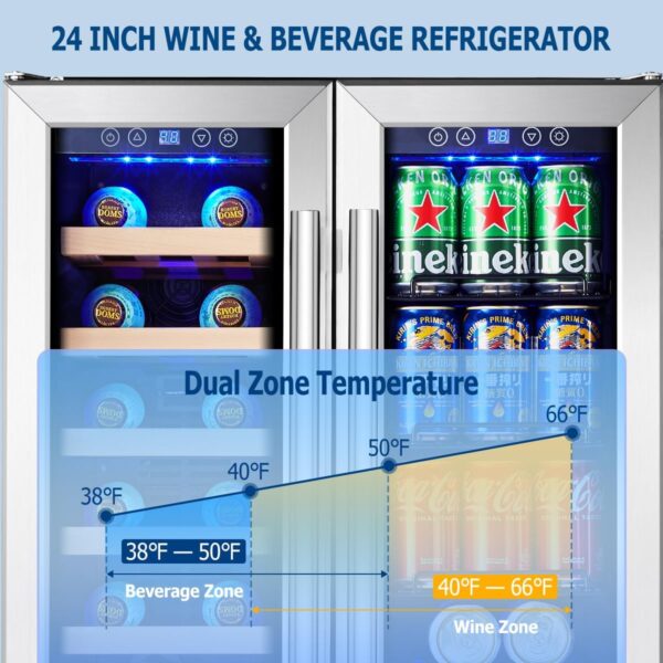 708b763b28c045bf84d94def9c11b759 24 inch Wine Cooler, 46 Bottle - Dual Zone Built-in or Freestanding Fridge with Stainless Steel Reversible Glass Door, for Home, Kitchen, or Office.