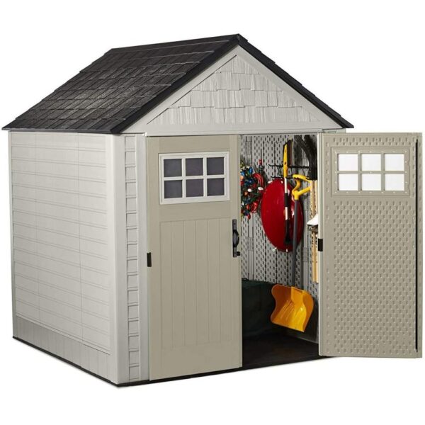 709b5196f5954ab99321d310e817a370 Rubbermaid 7×7 Ft Durable Weather Resistant Resin Outdoor Garden Storage Shed with Windows and Utility Hooks, Sand