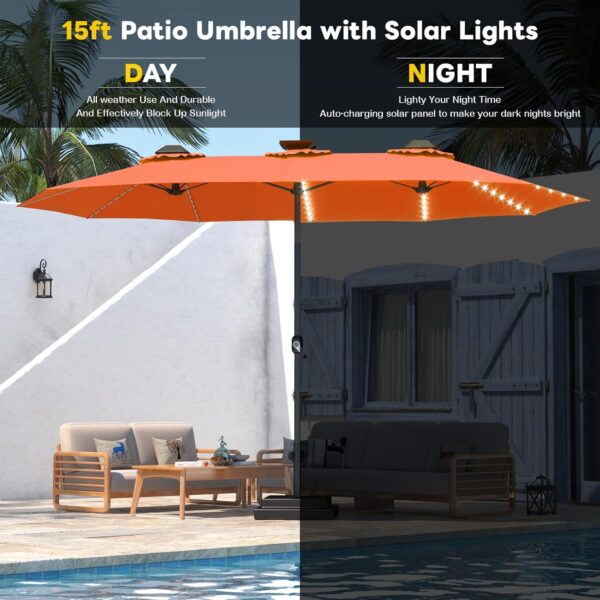 711aa73bba614a53ad29f721e2d7cffe 15ft Patio Umbrella with Solar Lights, Large Double Umbrella Outdoor, Rectangle 180''x106'' Umbrellas with 156 PCS LED Lights and Crank Handle for Backyard Deck Pool Shade in Black(1.9" Pole)