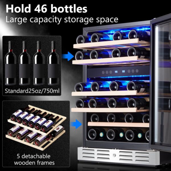 7126d27091de4e28a0933914043240e7 24 inch Wine Cooler, 46 Bottle - Dual Zone Built-in or Freestanding Fridge with Stainless Steel Reversible Glass Door, for Home, Kitchen, or Office.