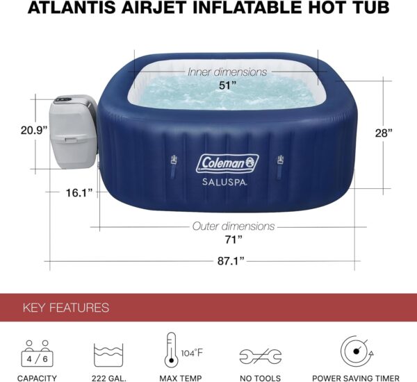 7128f28f7b9b489390af8ecdbdecfa85 4 to 6 Person Inflatable Hot Tub Square Portable Outdoor Spa with 114 Soothing AirJets and Insulated Cover, Gray-Coleman
