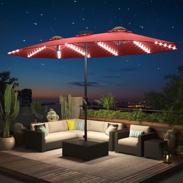 717dd5d0168b45bea66b11e5258f022b 15ft Patio Umbrella with Solar Lights, Large Double Umbrella Outdoor, Rectangle 180''x106'' Umbrellas with 156 PCS LED Lights and Crank Handle for Backyard Deck Pool Shade in Black(1.9" Pole)
