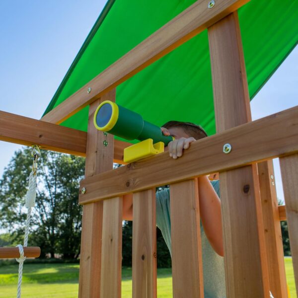 71fe577a8d78476eb20159f66e6c6d56 Backyard Discovery Mount Mckinley Cedar Wood Swing Set with Wave Slide, Play Deck, Double Rock Wall, Rope Ladder, Web Swing, Belt Swings, Toy Telescope, Steering Wheel, Sandbox Area, Outdoor Playset