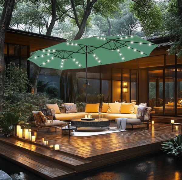 736a2e6b271c4757b097e049a66db6c8 15ft Double Sided Patio Umbrella with Solar Lights, Outdoor Large Umbrellas with Crank Handle and 36 LED Lights, Rectangular Market Umbrella with Base Included for Deck Pool Shade