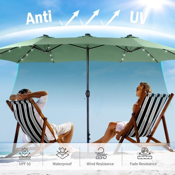 738a201ca29144e9936285f8d50fa5b7 15ft Double Sided Patio Umbrella with Solar Lights, Outdoor Large Umbrellas with Crank Handle and 36 LED Lights, Rectangular Market Umbrella with Base Included for Deck Pool Shade