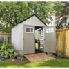 Rubbermaid 7×7 Ft Durable Weather Resistant Resin Outdoor Garden Storage Shed with Windows and Utility Hooks, Sand