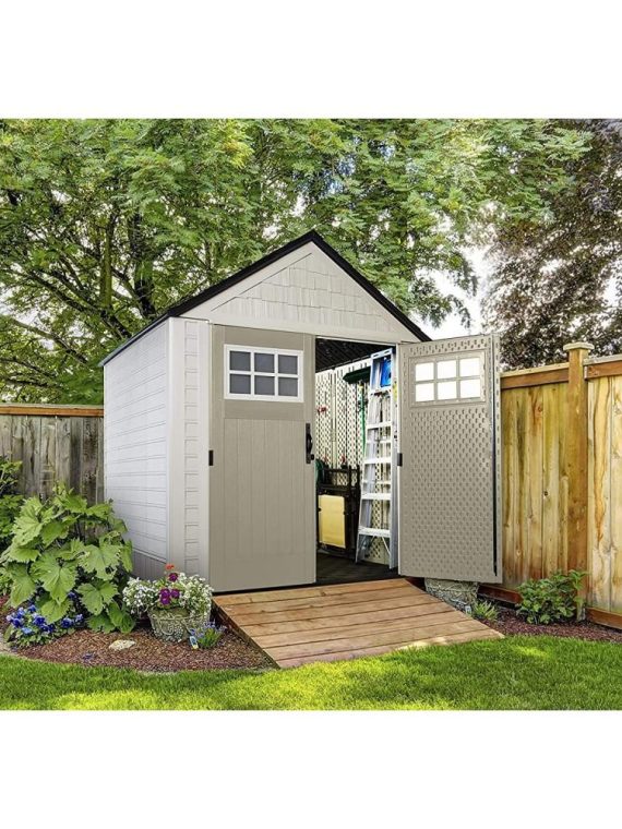 73c3068a88bb4a7eb15f3417cce86167 Rubbermaid 7×7 Ft Durable Weather Resistant Resin Outdoor Garden Storage Shed with Windows and Utility Hooks, Sand