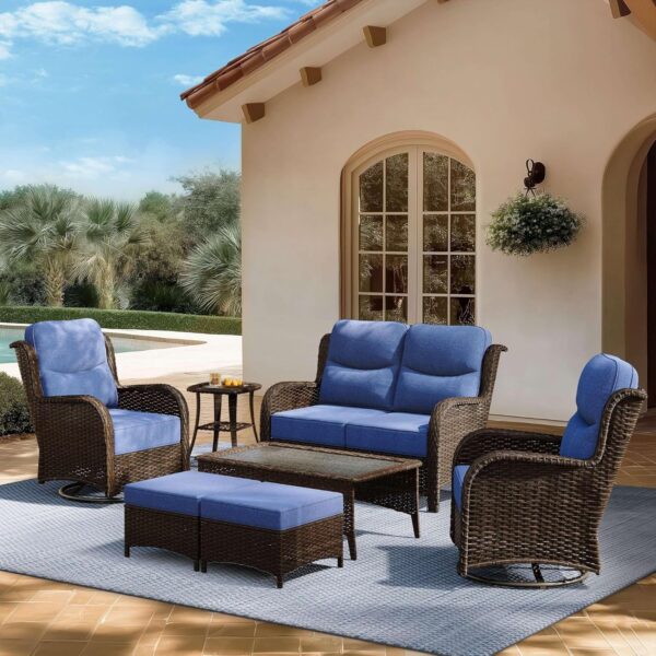 7463d4b292b04e9692f0330e77c5ed0d Outdoor Swivel Rocker Patio Chairs with 6-Inch Thick Cushions and Side Table, 3PCS High Back Wicker Patio Furniture Set for Porch, Balcony, Deck and Yard in Blue