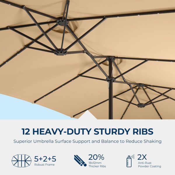 74bfadeef696402b8d1f47584408ba0c Double Sided Patio Umbrellas - 15ft Solar Lights LED Lighted Outdoor Extra Large Market Table Umbrella with Base Included, Oversized Umbrella for Deck, Pool, Backyard (Beige)