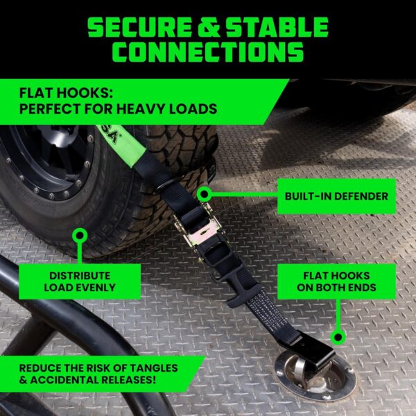 74d5e807772546e7881a1930f173b315 Car Tie Down Straps for Trailers with Flat Hooks (4-Pack) - 2 Inch x 8 Feet (10,000lb Break Strength) - Heavy Duty T-Handle Car Lasso Tire Straps for Trailer & UTV - Black