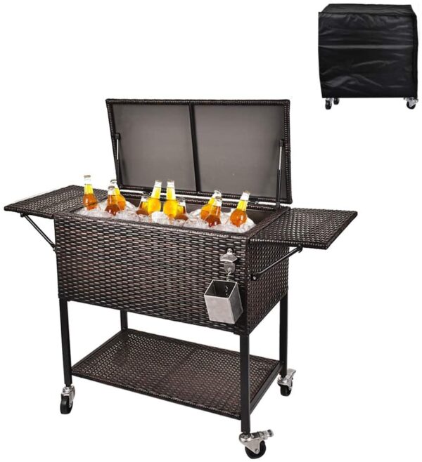75a18e092cc0476b90313c7f5b27cf0f 80 Quart Rattan Rolling Cooler Cart, Portable Wicker Cooler Trolley, Backyard Party Drink Beverage Bar