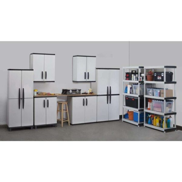 75f7c15de5924cd6a634f410f68bf679 HDX Gray Plastic Freestanding Garage Cabinet, 35′′W x 71′′H x 18′′D, with Adjustable Shelves and Lockable Doors