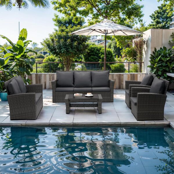 766c15fcd049439783f303c039473fd1 Wisteria Lane 4 Piece Outdoor Patio Furniture Sets, Wicker Conversation Set for Porch Deck, Grey Rattan Sofa Chair with Cushion (Blue