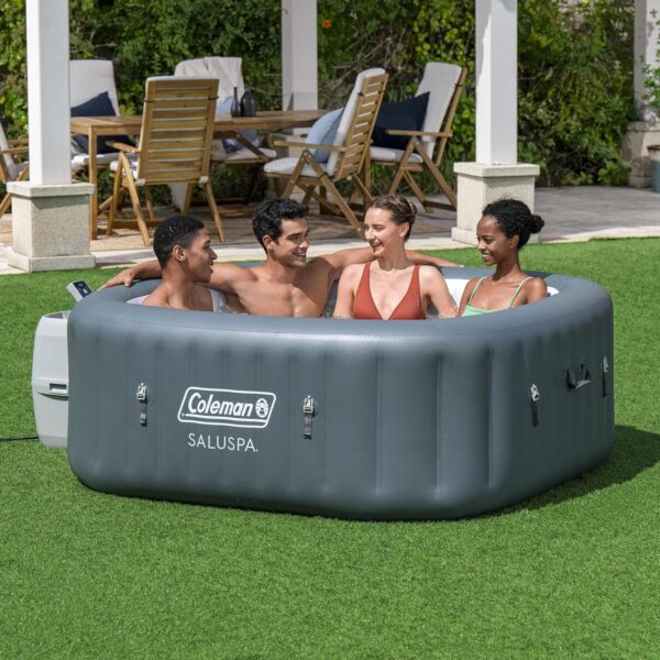 76ae284e50a7410c980fc288dab0e950 4 to 6 Person Inflatable Hot Tub Square Portable Outdoor Spa with 114 Soothing AirJets and Insulated Cover, Gray-Coleman