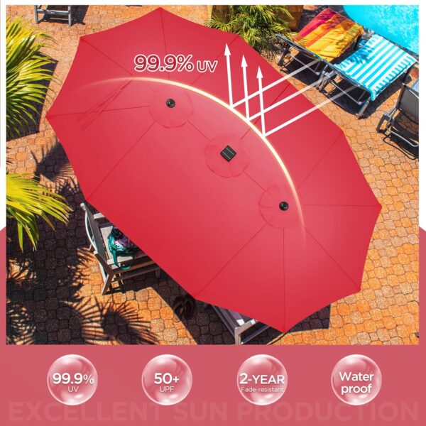 7744802bec7d45a0a47de2582f44c58e 15 ft Large Patio Umbrella with Solar Lights Double-Sided Outdoor Rectangle Market Umbrellas with 36 LED Lights/Base Included/Easy Crank for Patio Garden Yard Pool Lawn, Brown