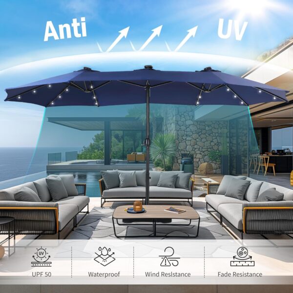 777c2b1491064b5f910d903b7732b2b1 15ft Double Sided Patio Umbrella with Solar Lights, Outdoor Large Umbrellas with Crank Handle and 36 LED Lights, Rectangular Market Umbrella with Base Included for Deck Pool Shade