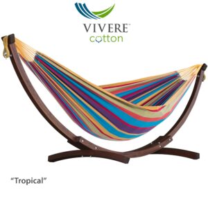 Vivere Double Cotton Hammock with Solid Pine Stand- Tropical
