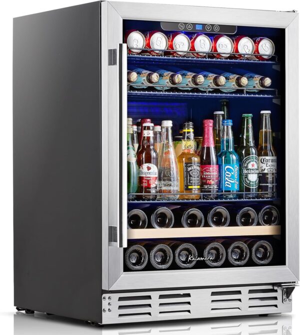77d8f0c018ba445499b50c21466c89d4 24 inch Wine Cooler, 46 Bottle - Dual Zone Built-in or Freestanding Fridge with Stainless Steel Reversible Glass Door, for Home, Kitchen, or Office.