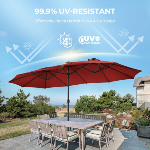 77ec65ce42ff4355a537635b65ffb915 Double Sided Patio Umbrellas - 15ft Solar Lights LED Lighted Outdoor Extra Large Market Table Umbrella with Base Included, Oversized Umbrella for Deck, Pool, Backyard (Beige)