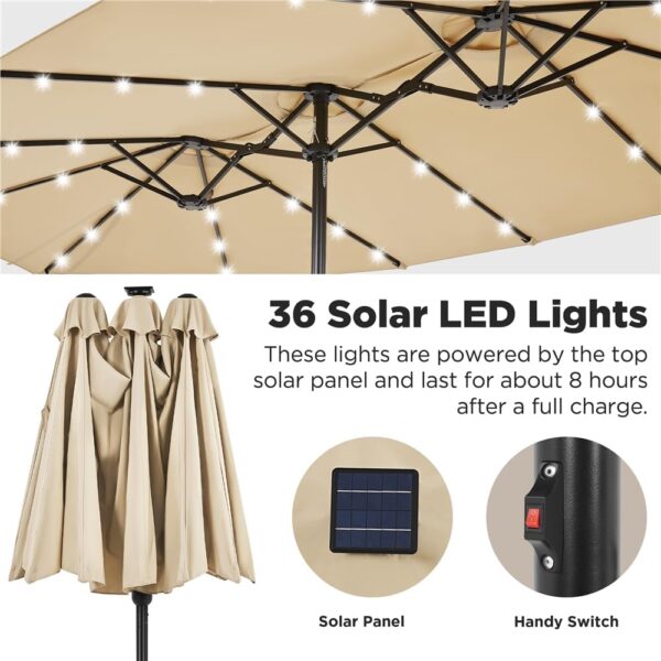 78283f05f15e4bd394f3e9b14c3e11dc 15 ft Large Patio Umbrella with Solar Lights Double-Sided Outdoor Rectangle Market Umbrellas with 36 LED Lights/Base Included/Easy Crank for Patio Garden Yard Pool Lawn, Brown