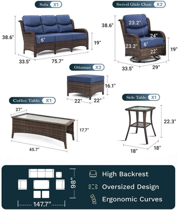 78579d1e04544a818d03e29fec5f5071 Outdoor Swivel Rocker Patio Chairs with 6-Inch Thick Cushions and Side Table, 3PCS High Back Wicker Patio Furniture Set for Porch, Balcony, Deck and Yard in Blue