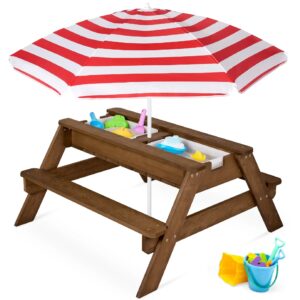 Best Choice Products Kids 3-in-1 Outdoor Convertible Activity Sand & Water Picnic Table w/ Umbrella - Walnut/Red