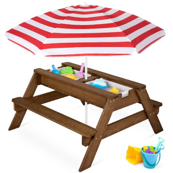 Best Choice Products Kids 3-in-1 Outdoor Convertible Activity Sand & Water Picnic Table w/ Umbrella - Walnut/Red