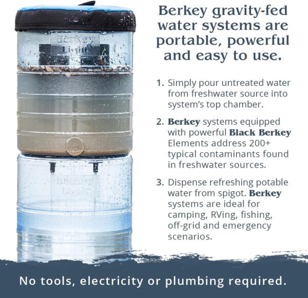 Travel Berkey Gravity-Fed Water Filter with 2 Black Berkey Purification Elements & Berkey Primer Combo Set