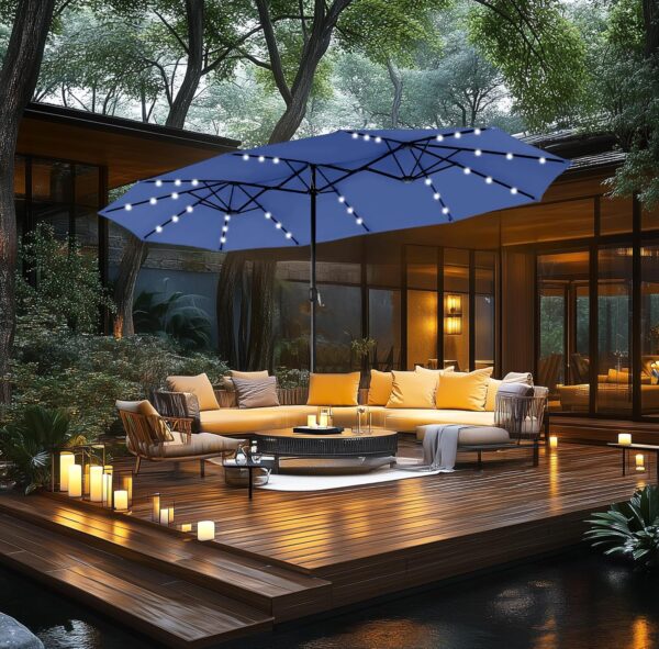 79ff821f20504a23915bb1741a0d9b1b 15ft Double Sided Patio Umbrella with Solar Lights, Outdoor Large Umbrellas with Crank Handle and 36 LED Lights, Rectangular Market Umbrella with Base Included for Deck Pool Shade