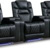 Power Home Theater Seating Set of 3, Brown Faux Leather Electric Recliner Chair with Powered Headrest, Dual Motors Movie Reclining Chairs with LED Lights,USB Port,Cup Holders, Hidden Arm Storage