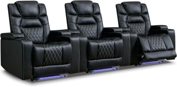 7a0dbe1bc63d4d7e98be253c4a272853 Power Home Theater Seating Set of 3, Brown Faux Leather Electric Recliner Chair with Powered Headrest, Dual Motors Movie Reclining Chairs with LED Lights,USB Port,Cup Holders, Hidden Arm Storage