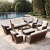 Outdoor Swivel Rocker Patio Chairs with 6-Inch Thick Cushions and Side Table, 3PCS High Back Wicker Patio Furniture Set for Porch, Balcony, Deck and Yard in Blue
